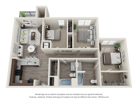 Floor plan for 3 beds, 2 baths, 1144 sqft